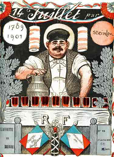 le 14 juillet 1789-1901 RF :un patron de bistrot remplit des verres de vin rouge : dessin de steinlen