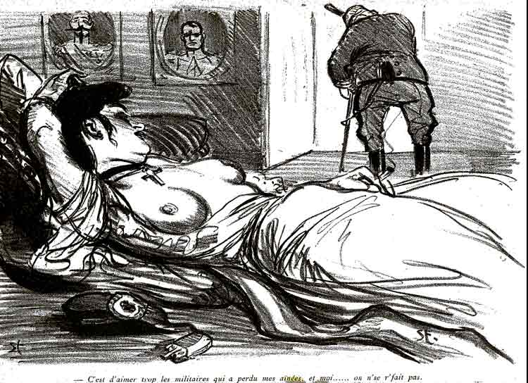 une prostituée devetue est allongée sur un lit, un soldat se reboutonne: dessin de steinlen
