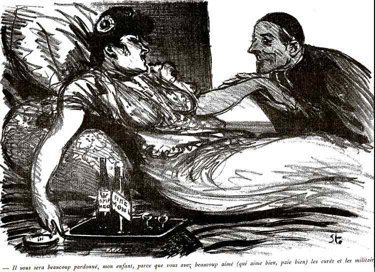 une prostituée est allongée sur un lit: un pretre lui baise la main : dessin de steinlen
