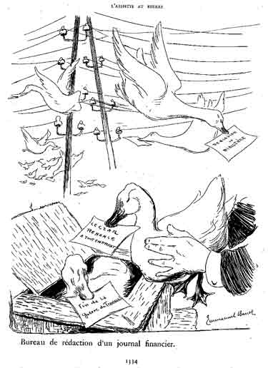 Des canard dans un panier tiennent dans leurs becs de fausses nouvelles boursières  : dessin d'Em Barcet