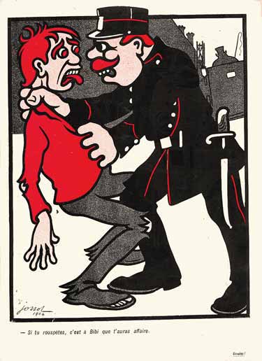 Un Agent de Police serre le coup d'un homme habillé en rouge : dessin de jossot