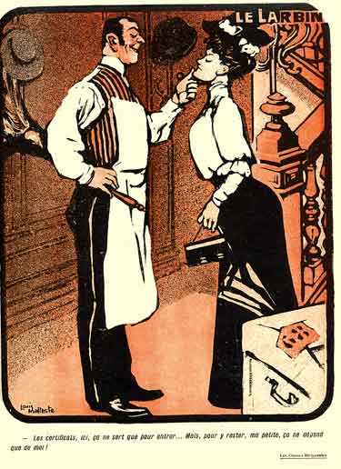 Un majordome en tablier blanc tient une servante nouvellement engagée, par le menton.