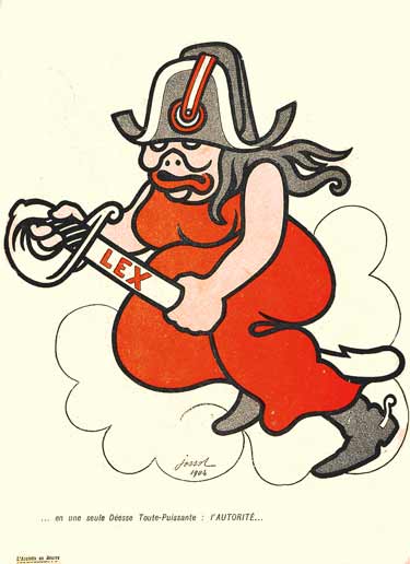 L'autorité est représenté par une femme en rouge , avec un chapeau de gendarme ,un sabre , chevauchant un nuage : dessin de jossot