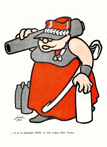 une femme en rouge, porte un canon , un sabre , elle est coiffée d'un kepi et porte des médailles.