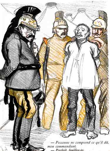 Deux doldats amènent un prisonnier à un officier.