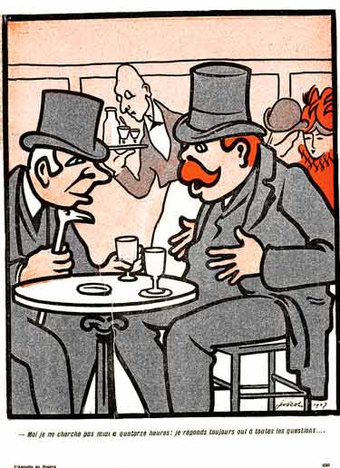 conversation entre deux jurés à la terrasse d'un café. dessin de Jossot.