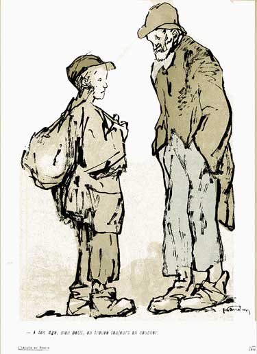 Conversation entre deux vagabonds : un enfant et un adulte. 