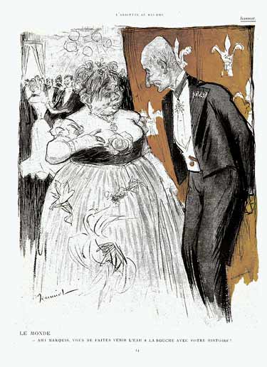 Conversation entre un laideron et un vieux bonhomme dans une reception mondaine : dessin de Jeanniot.