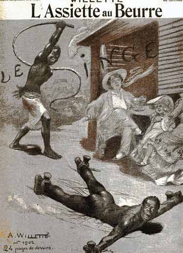 Aux colonies , la femme d' un colon fait fouetter un esclave noir en prenant le thé : dessin de willette.